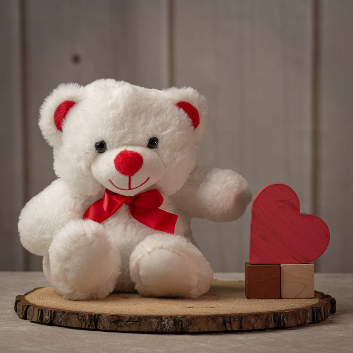 10 inch white Valentine bear with a red nose and a red bow