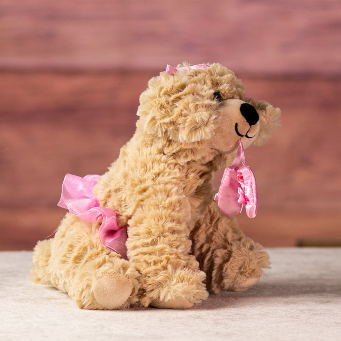10 in stuffed ballerina dog wearing a tutu and bows holding slippers