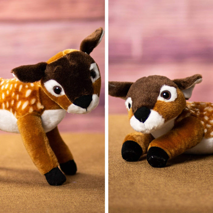 Close up of a standing and laying down fawn that is 10 inch from head to tail