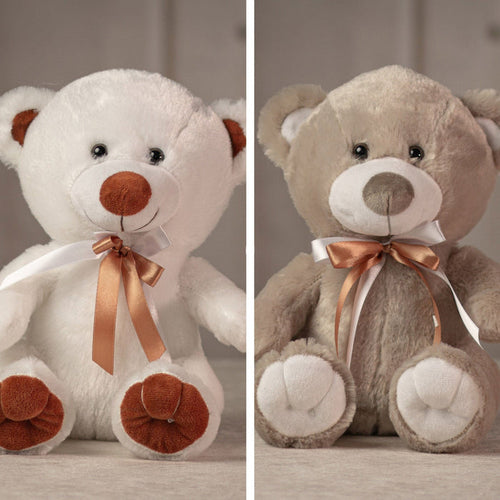 10" Stuffed teddy bear duo in white and grey with brown and white bows