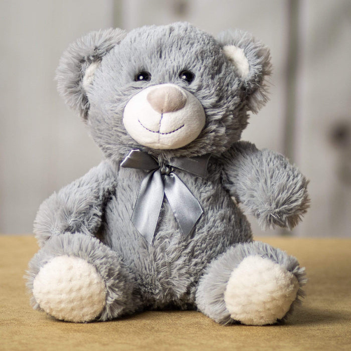 A gray bear that is 10.5 inches tall while sitting