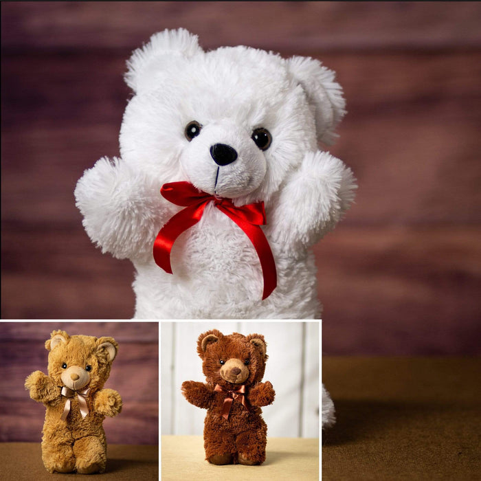 A white, beige, and brown bear that are 14 inches tall while standing