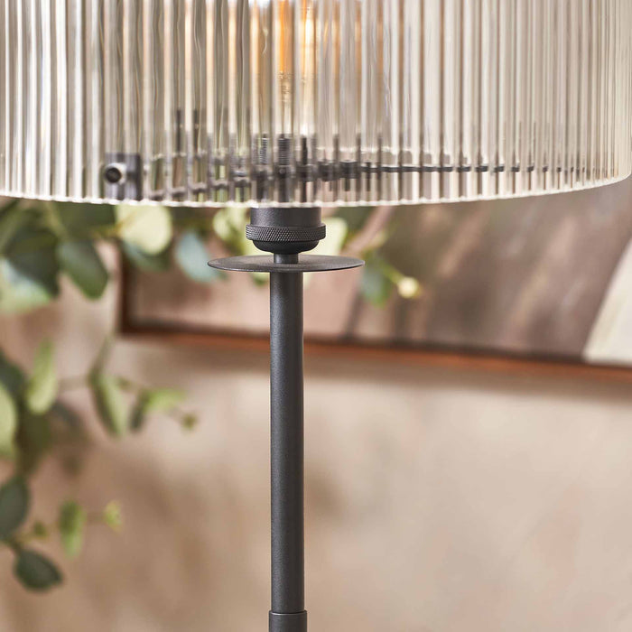 Athena Ribbed Glass Black Metal Round Floor Lamp