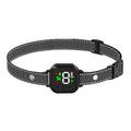 A black mesh anti-barking collar features a digital display with icons and buttons for adjustments.