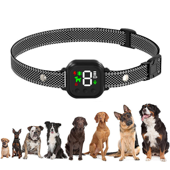Black automatic anti-barking collar with a digital display and adjustable mesh strap, shown alongside various dog breeds.