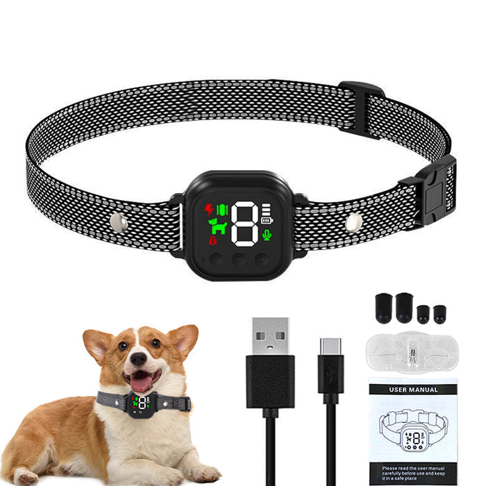 Black automatic anti-barking collar with digital display, shown on a happy Corgi, alongside charging cable and user manual.