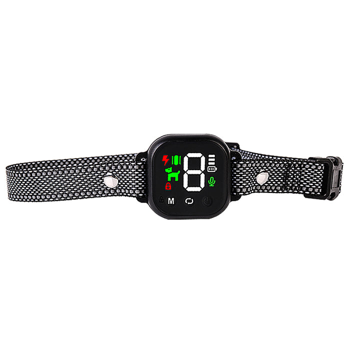 Black automatic anti-barking collar featuring a digital display with adjustable settings and a durable mesh strap.