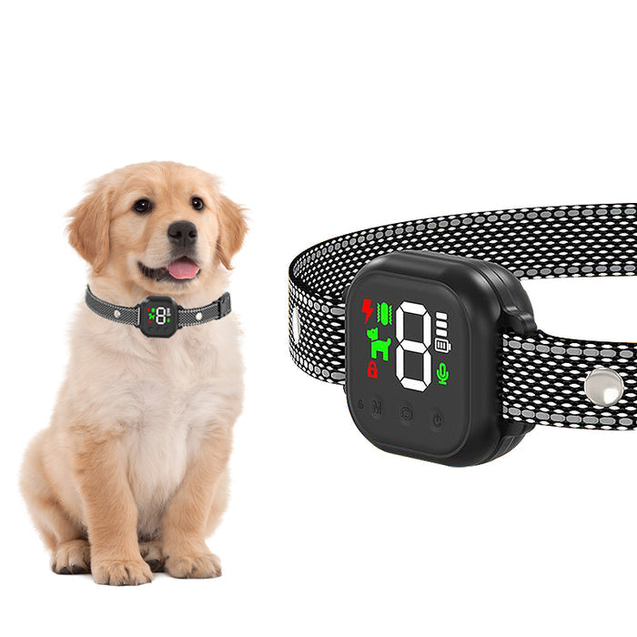 A black automatic anti-barking collar with a digital display is shown on a golden retriever, highlighting its features.