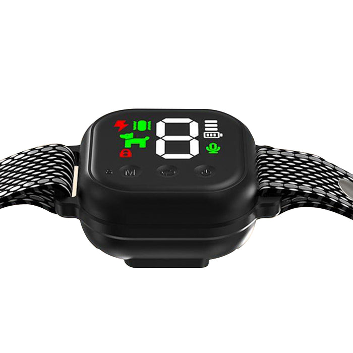 Automatic anti-barking collar in black with a digital display and adjustable strap for pet training.
