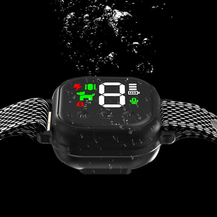 A black automatic anti-barking collar with a digital display and a mesh strap, shown with water droplets for a waterproof effect.