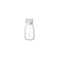 Clear glass bottle with a silver lid on a white background