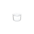 Clear glass container with a white lid on a white background