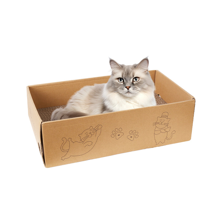 A light brown reversible cat scratching board with a cozy inner surface, featuring a fluffy cat lounging inside.