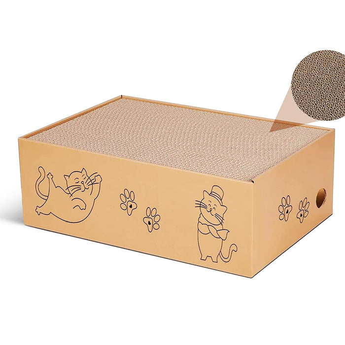 Reversible cat scratching board in light brown cardboard with playful cat illustrations and textured scratching surface.
