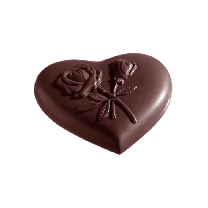 Chocolate World Heart Rose polycarbonate chocolate mold 2161CW with 21 cavities, professional Belgian confectionery mold for bonbons and pralines, clear polycarbonate heart rose chocolate mould 2161CW
