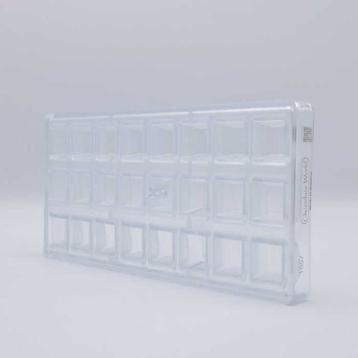 Chocolate World Modern Square Polycarbonate Chocolate Mold – 1.06 x 1.06 x 0.71 in, 24 Cavities
