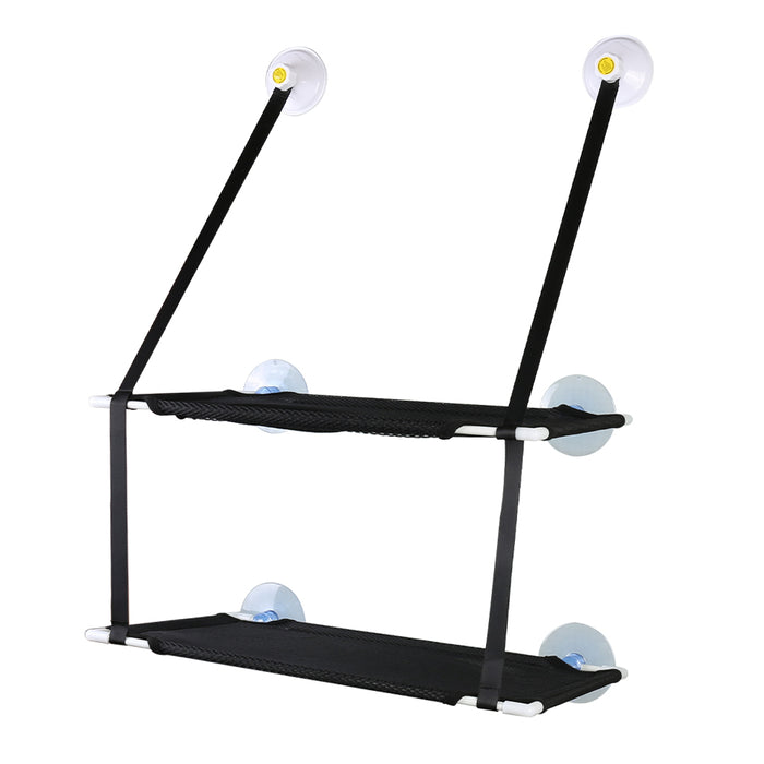Black mesh pet window hammock displayed with clear suction cups for easy mounting.