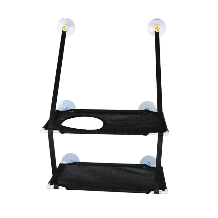 Black mesh pet window hammock with two levels, secured by suction cups and adjustable straps for stability.