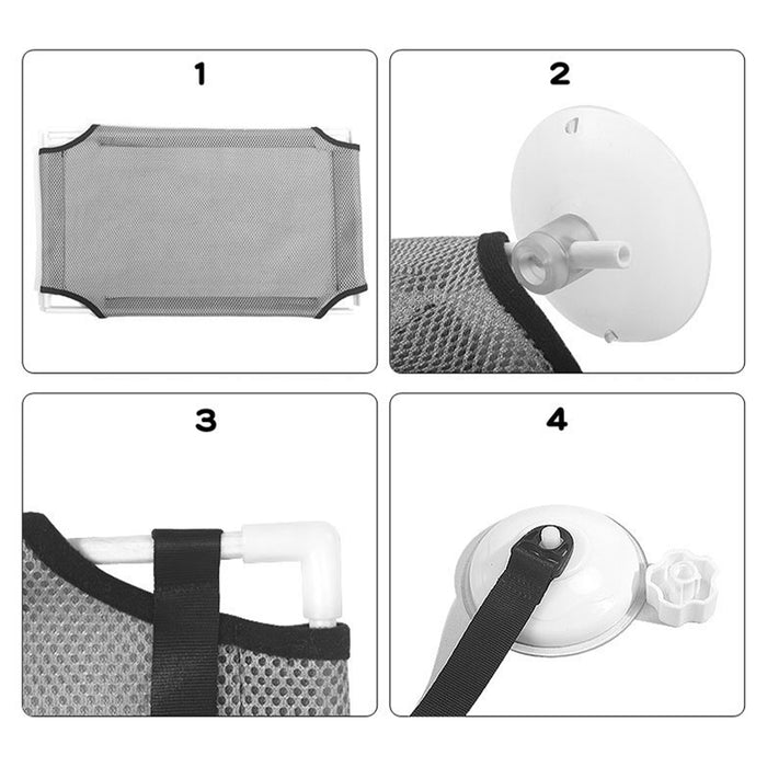 Gray mesh pet hammock with black trim, featuring suction cups and supporting rods for easy window installation.