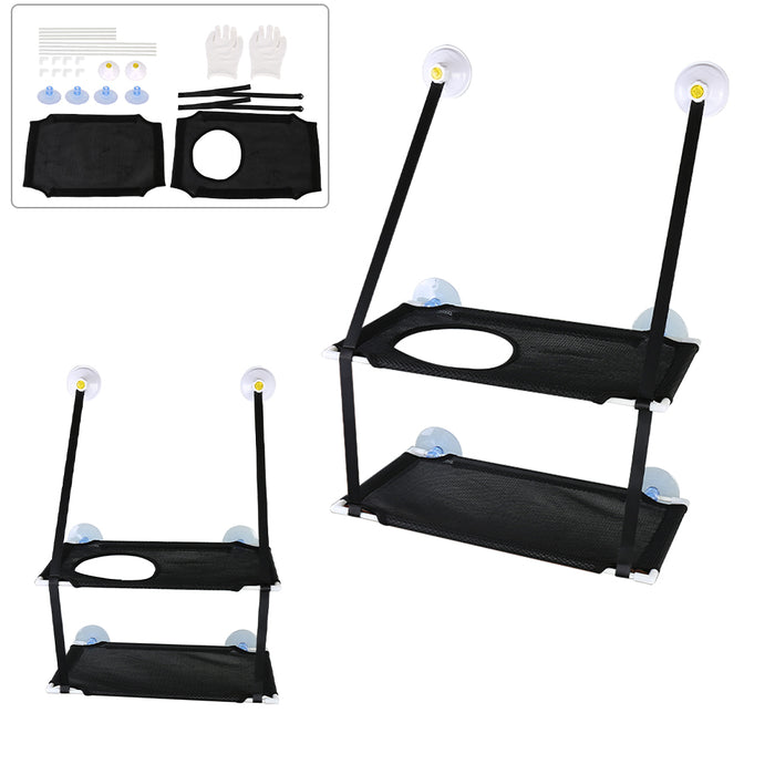 Black mesh pet window hammock with suction cups, adjustable straps, and a cutout for easy access.