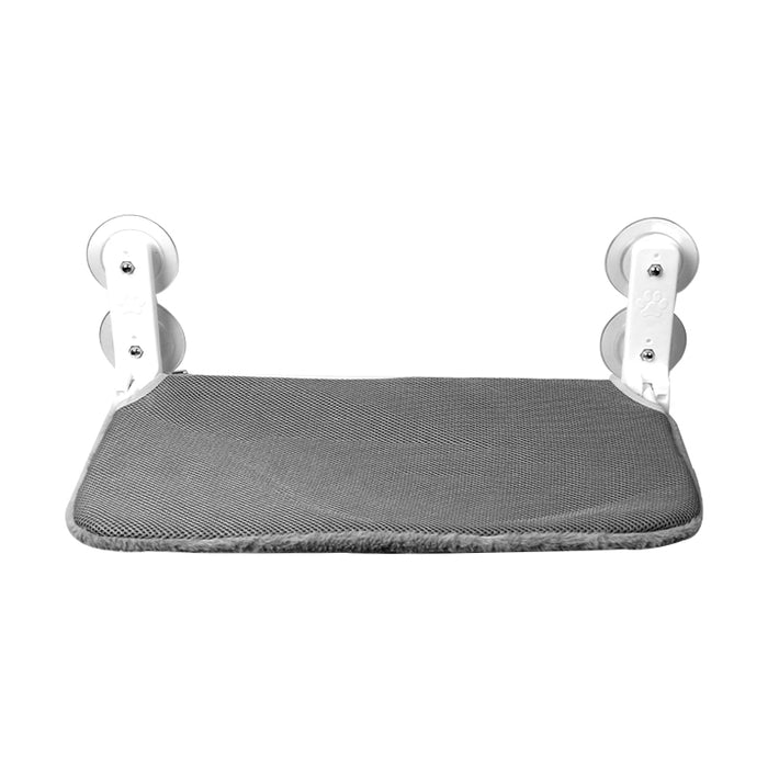 A gray mesh cat hammock with white suction cups for easy window mounting, designed for folding storage.