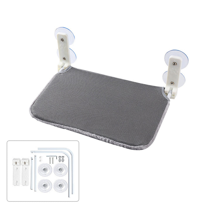 Cordless gray mesh cat window hammock with white suction cup mounts and included assembly components below.