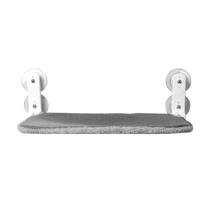 A gray, soft cat window hammock with smooth white suction cup mounts, designed for easy installation and folding.