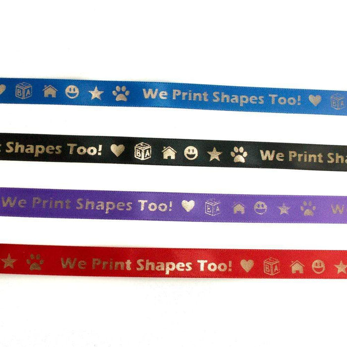 Blue, black, purple, and red ribbon with writing