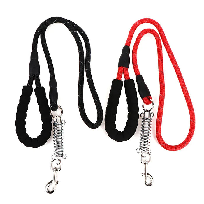 Black and red dog leashes feature foam grips and metallic clips, displayed side by side against a white background.