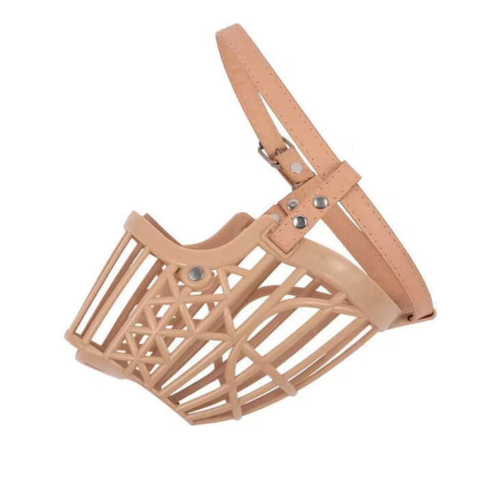 Adjustable dog muzzle in light tan plastic with a durable strap, featuring an open weave design for comfort.