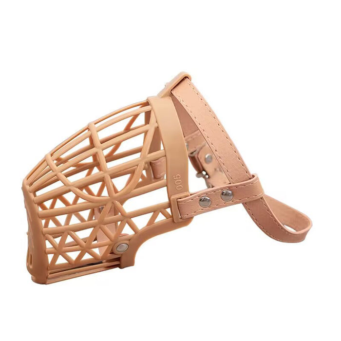 A beige dog muzzle with an adjustable strap, featuring a breathable, lattice design for comfort and security.