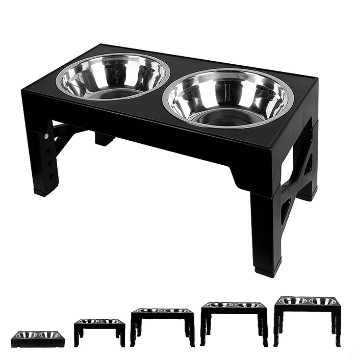 Black elevated dog bowl stand with two stainless steel bowls, showcasing five adjustable height options.