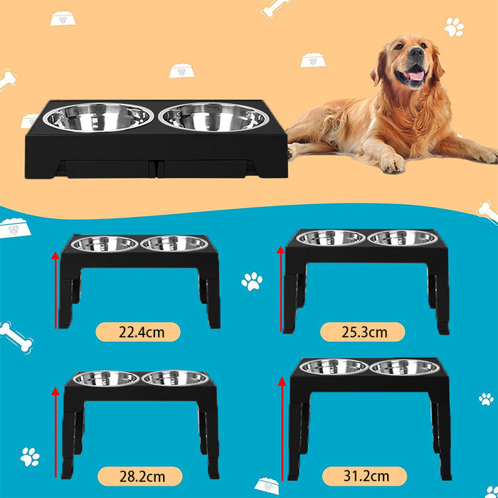 Elevated black dog bowls with stainless steel inserts, featuring five adjustable heights for comfort.