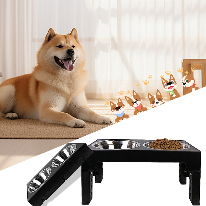 Elevated black dog bowls with stainless steel dishes, adjustable to 5 heights, featured alongside a relaxed dog.