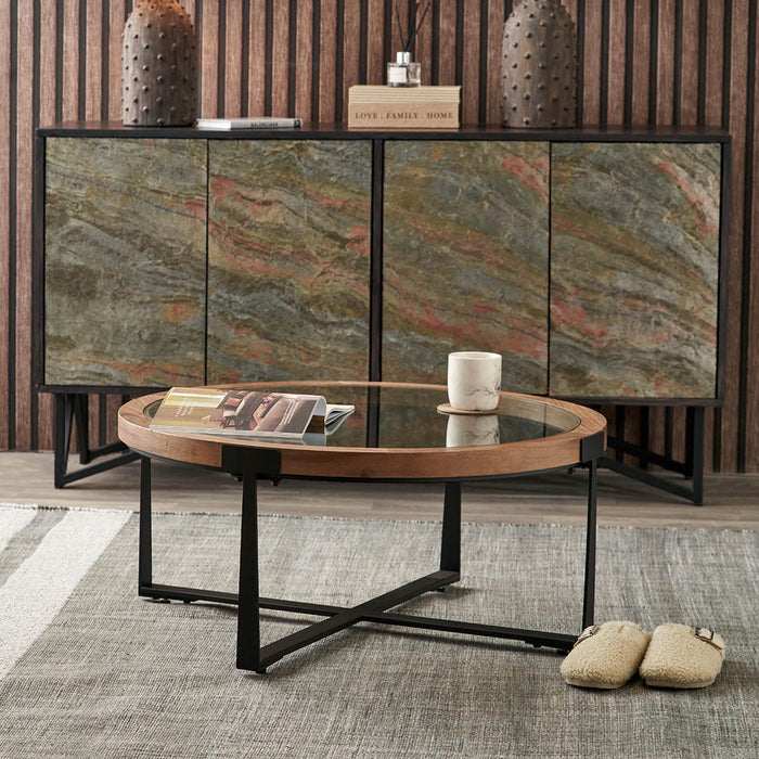 Elmont Clear Glass and Light Walnut Wood Veneer Coffee Table