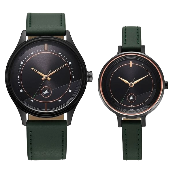 Fastrack Mixmatched Quartz Analog Black Dial Green Leather Strap Pair Watch, 32476266NL01