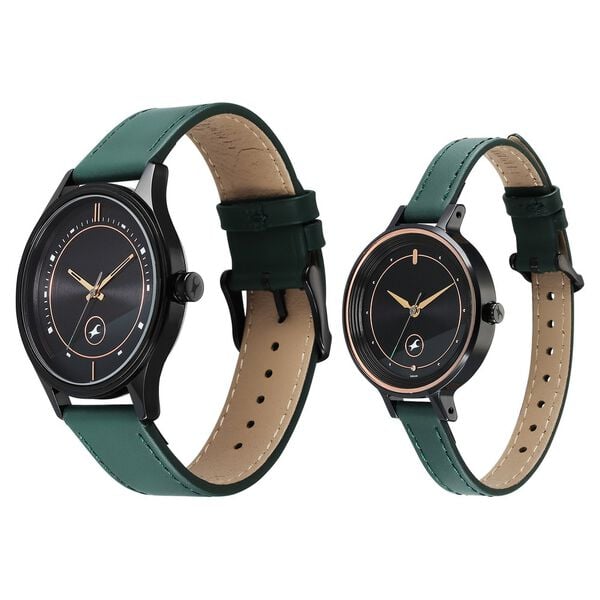 Fastrack Mixmatched Quartz Analog Black Dial Green Leather Strap Pair Watch, 32476266NL01