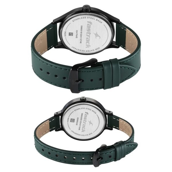 Fastrack Mixmatched Quartz Analog Black Dial Green Leather Strap Pair Watch, 32476266NL01