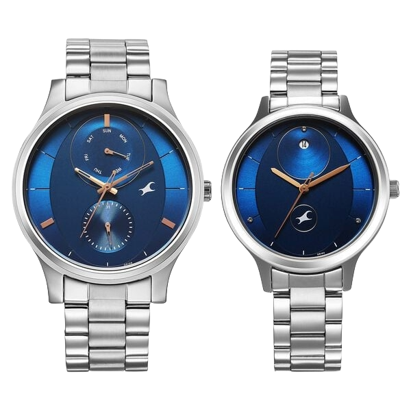 Fastrack Mixmatched Quartz Multifunction Blue Dial Silver Stainless Steel Strap Pair Watch, 32406285SM01