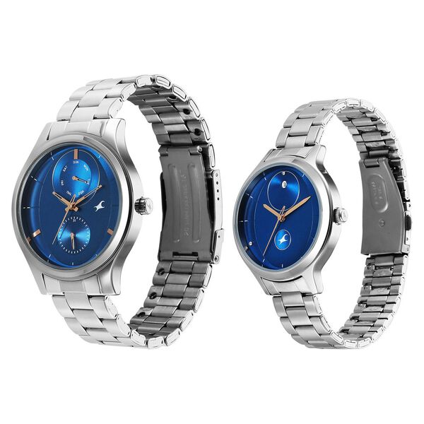 Fastrack Mixmatched Quartz Multifunction Blue Dial Silver Stainless Steel Strap Pair Watch, 32406285SM01