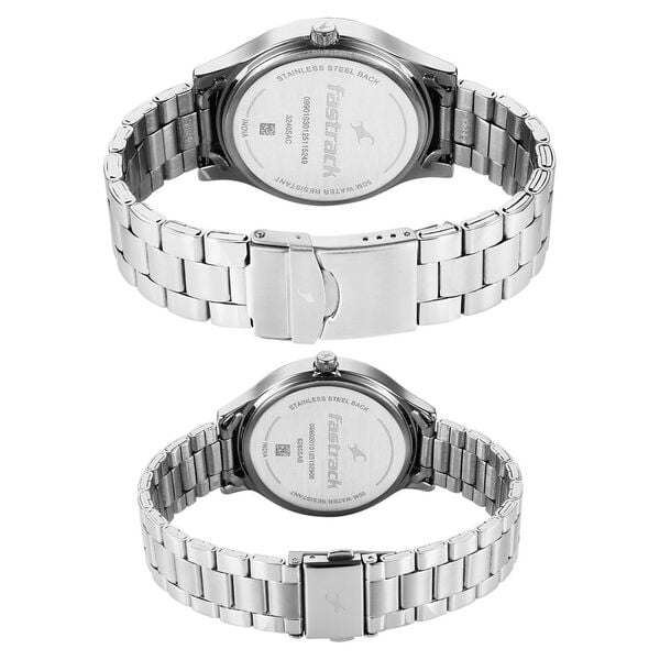 Fastrack Mixmatched Quartz Multifunction Blue Dial Silver Stainless Steel Strap Pair Watch, 32406285SM01