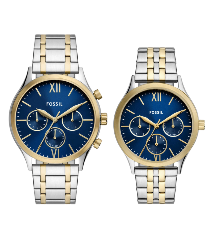 Fossil Fenmore Quartz Blue Dial Multi-Function Stainless Steel Pair Watch, BQ2900SET