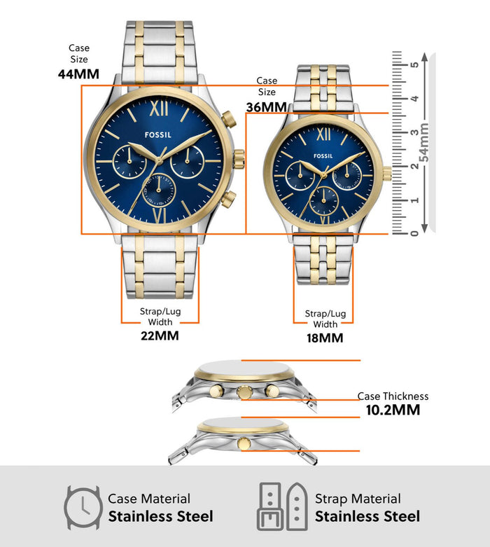 Fossil Fenmore Quartz Blue Dial Multi-Function Stainless Steel Pair Watch, BQ2900SET