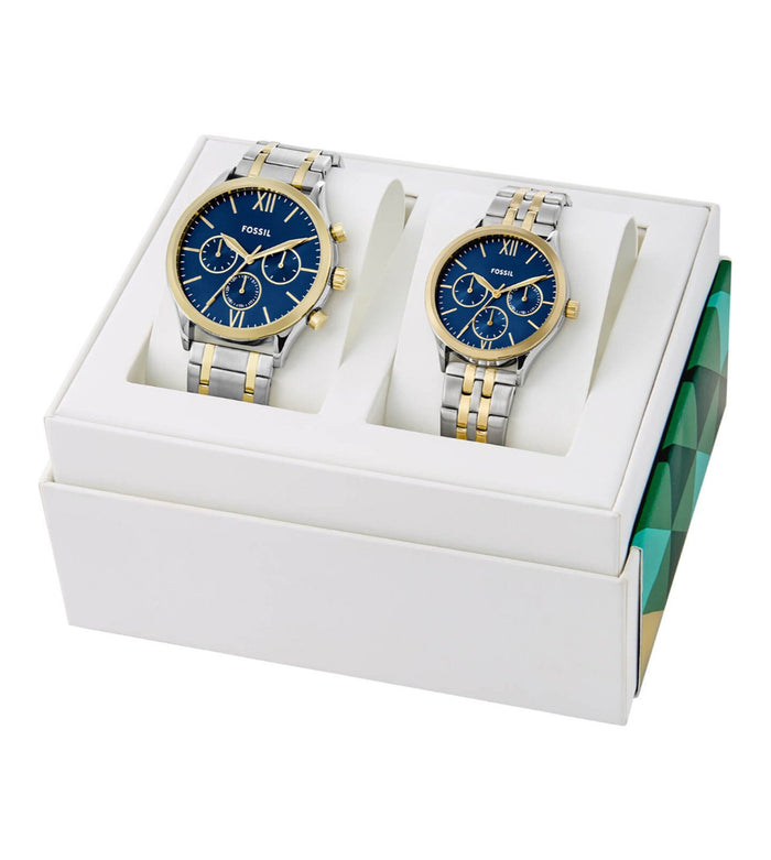 Fossil Fenmore Quartz Blue Dial Multi-Function Stainless Steel Pair Watch, BQ2900SET