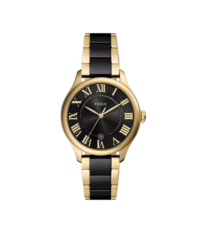 Fossil Gilmore Three-Hand Date Gold-Tone and Black Ceramic Women's Watch, CE1132