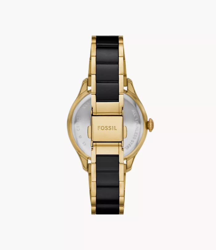 Fossil Gilmore Three-Hand Date Gold-Tone and Black Ceramic Women's Watch, CE1132