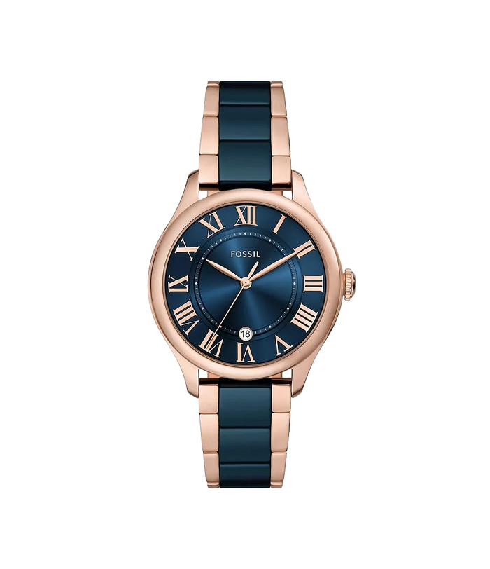 Fossil Gilmore Three-Hand Date Rose Gold-Tone and Navy Ceramic Women's Watch, CE1134