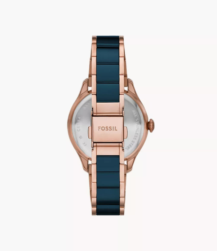 Fossil Gilmore Three-Hand Date Rose Gold-Tone and Navy Ceramic Women's Watch, CE1134