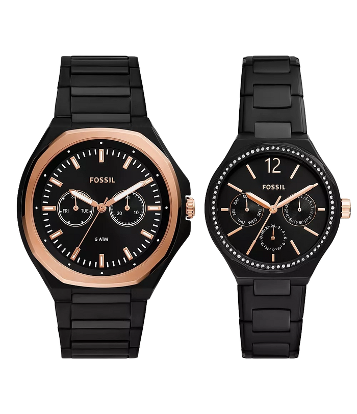 Fossil His and Her Multifunction Black Stainless Steel Watch Set, BQ2645SET