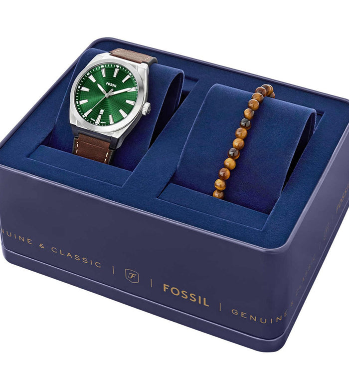 Fossil Quartz Green Dial Analog Leather Men's Watch, FS6080SET